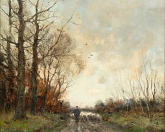 Charles Paul Gruppe (American, 1860-1940) Oil on Canvas, Early Winter Pathway, H 24" W 20" | Depicting a shepherd with his sheep on an early winter pathway at dusk. Signed lower right. Frame measures H 30" X W 25.5". Provenance: Collected by a Utica, Michigan descendent of the artist.