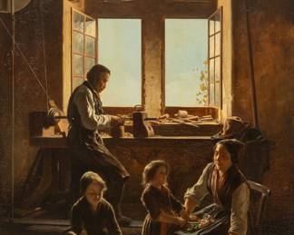 Joseph Hornung (Swiss, 1792-1870) Oil on Beveled Panel, 1850, the Carpenter's Family, H 20.5" W 15.5" | Signed and dated in the lower right. Highly detailed genre scene of a carpenter's family. the carpenter works by the light of an open window as his wife and daughter slice vegetables. a second daughter sits on the floor and plays with a kitten. Having a giltwood and gesso frame, H 27", W 23". Provenance: From the estate of Ruth Ann Juliano