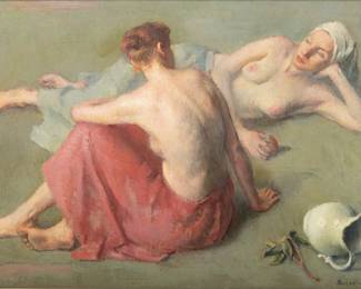 Robert Brackman (American, 1898-1980) Oil on Canvas, H 15.5" W 22" | Depicting two reclining female nudes with fruit and adjacent pitcher. Signed lower right. Frame measures H 22" X W 29". Provenance: Property of Prominent Collector, Birmingham, Michigan
