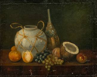 In the Manner of William Michael Harnett (American, 1848-1892) Oil on Canvas, "Still Life with Fruit, Wine And Delft Vase", H 9" W 11" | Signed WM Harnett in the lower left. Table top still life with grapes, oranges, a peach, apple, coconut, wine bottle and vase. Having a giltwood and gesso frame, H 17", W 19". Provenance: Property of Prominent Collector, Birmingham, Michigan. DuMouchelle Art Galleries, May 1995, lot #2021: from the collection of W.J. Hughes, Washington DC. 