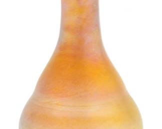Quezal Blown Gold Iridescent Art Glass Vase, Ca. 1910, H 5.25" Dia. 3.25" | Offers a cylindrical neck on a conical form bodice. Boasting shimmering gold with cobalt and lavender iridescence. Signed 'Quezal' to the underside. Circa 1910. Provenance: From the Estate of Prominent Collector, Leon Zielinski, Macomb County, MI