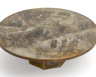 Philip And Kelvin Laverne (American) Chan Circular Coffee Table, Ca. 1960, H 17.5" Dia. 47.75" | Acid-etched, enameled and patinated bronze over wood, acid-etched signature 'Philip + Kelvin Laverne' to top.  Catalogue Raisonne: the Art of Philip LaVerne, studio catalog, ppg. 6, 28-29