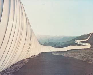 Christo And Jeanne-Claude (American) Offset Lithograph 1970-72, "Running Fence, Sonoma And Marin Counties, Califiornia", H 24.5" W 38.5" | Signed lower right and numbered 538/750. Frame Measurements H 30.5" W 44" Provenance: Property of Prominent Collector, Birmingham, Michigan