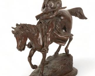 Earle Erik Heikka (American, 1910-1941) Bronze Sculpture, Ca. Mid 20th C., "Native American Scout on Horseback", H 13.75" W 5" L 13" | Signed and dated 1930 at the base. Stamped "17/24 Mr. & Mrs. William L. Stainsby. 1968" at the lower edge. Depicting a Native American scout on horseback holding a rifle. Earle Heikka, a Montana sculptor whose sculptures were cast in bronze shortly after his passing in 1941. Provenance: Property of Prominent Collector, Birmingham, Michigan