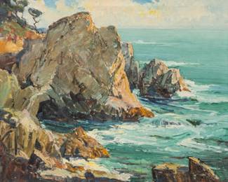 Orrin Augustine White (American, 1883-1969) Oil on Canvas, "The Coast of Monterey", H 25" W 30" | Signed in the lower right. Depicting the rocky coast of Monterey, CA. Handwritten paper label on verso with title and artist address. Having a carved giltwood frame, H 29.5", W 34.5".