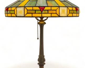 Wilkinson Lamp Company (American (Est. 1909)) Art Deco Periord Art Glass Table Lamp with Jewel Chunks Ca. 1920, H 24" Dia. 19" | Green and butterscotch glass panels widen to a matching band accented with opaque white and ruby red glass chunk jewels. on a period base. Provenance: Property from the Estate of David Walicki, East Tawas, MI