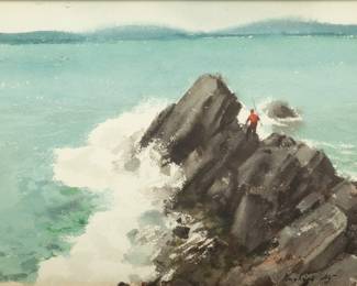 Charles Ross Kinghan (American, 1895-1984) Watercolor on Paper, "Fisherman on a Rocky Shore", H 8" W 11" | Signed in the lower right. Depicting a fisherman standing atop a rock formation at the water's edge. Framed under glass in a giltwood frame, H 14.75", W 17.75". Provenance: Property of Prominent Collector, Birmingham, Michigan