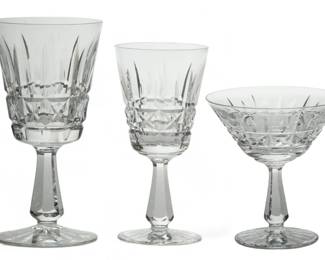 Waterford (Irish) 'Kylemore' Crystal Water, Claret Wine & Champagne Glasses, H 6.75" Dia. 3.5" 27 pcs | the collection includes eleven water goblets (H 6.75" X DIA 3.5"), six claret wine glasses (H 6" X DIA 2.75"), and ten champagne/tall sherbet glasses (H 4.75" X DIA 4.25"). Each bearing signature branding acid etched to the undersides. Provenance: Property from a private collection, West Bloomfield Township, Michigan.