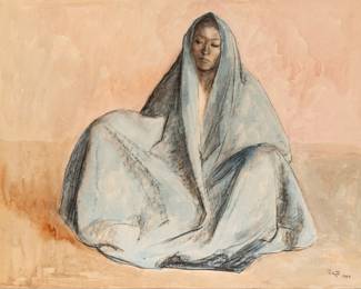 Francisco Zuniga (Mexican, 1912-1998) Crayon And Watercolor on Paper 1966, "Concha (Mujer Con Rebozo)", H 19.5" W 25.5" | Signed and dated in pencil lower right.  This work on paper is included in the catalogue raisonne, Volume III Registration Number 1295 (https://franciscozuniga.org/).  Framed Measurements H. 29" X W. 35" Provenance: Provenance: ARTE EN MARCOS, S.A., Significa Calidad, Col. Hipodromo Condesa, Mexico (paper label affixed verso); Lot 70 Sotheby’s Sale, Nov 27/28/29, 1984