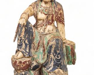Chinese Polychromed Carved Wood Seated Sculpture of Guanyin, H 51.5" W 26" Depth 23" | Seated figure with right hand outstretched. Provenance: Property from a Pickney, MI private collector. 