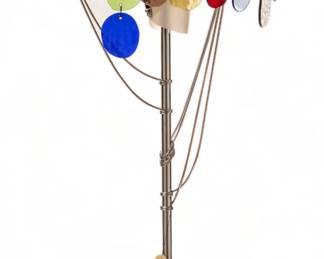 Toni Cordero for Artemide 'Sibari' Table Lamp, Ca. 1990s, H 36" Dia. 18" | Chrome-plated frame with a brass base, polycarbonate shade and colored hanging cathedral glass. Artemide label at the base. Provenance: Property of Prominent Collector, Birmingham, Michigan