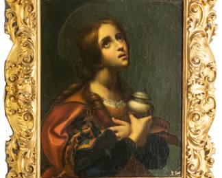 After Carlo Dolci, Oil on Canvas, 19Th C., H 29", W 23", Mary Magdalene  | an Oil on Canvas Painting of a Haloed Mary Magdalene Looking to the Heavens. After a Painting by Carlo Dolci (Italian 1616-1686). Illegibly Signed in the Lower Left. Having an Elaborately Carved Gilt Wood And Gesso Frame, H 39 1/2", W 33 1/2". Provenance: Property from a Grand Blanc, MI private collector. 