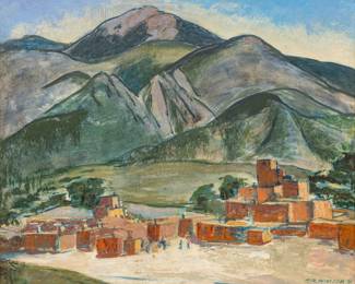 Pleasant Ray McIntosh (American, B. 1897) Oil on Masonite 1951, "Indian Pueblo, New Mexico", H 20" W 24" | Signed and dated lower right. Frame Measurements H 29" W 32" Provenance: Property of Prominent Collector, Birmingham, Michigan