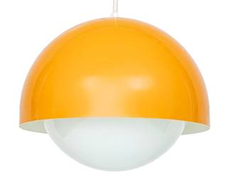 Mid Century Modern Style Orange Patinated Metal Dome Hanging Lamp, H 9" Dia. 12" | Orange exterior with white interior. 172" cord. No apparent makers mark. Provenance: Property of Prominent Collector, Birmingham, Michigan