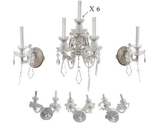 French Style Crystal, Glass & Metal Electrified Sconces, Ca. 20th C., H 26" W 12" Depth 8" 18 pcs | the collection includes eight 3-light sconces (H 26" X W 12" X D 8"), six 2-light sconces (H 14" X W 12" X D 8"), and four 1-light sconces (H 16" X W 6" X D 8"). Circa last quarter of the 20th century.