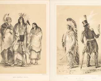After George Catlin (American, 1796-1872) Lithographs on Paper, "Wi-Jun-Jon And North American Indians", H 17.5" W 12" 2 pcs | Two lithographs after George Catlin. Wi-Jun-Jon an Assinneeboin Chief Going to Washington and Returning to his home. Also North American Indians. Both matted and framed under glass, H 27.5", W 22". Provenance: Property of Prominent Collector, Birmingham, Michigan