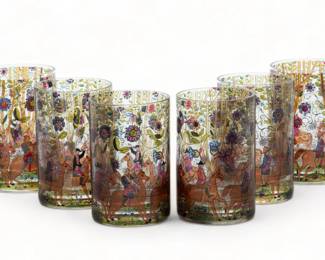 Signed Glass Tumblers, Riders on Horseback, H 4.25'' Dia. 2.75'' 6 pcs | the tumblers offer a fantastical motif of riders on horseback within a flower forest. Bearing illegible branding to the undersides. Provenance: Property from a private West Bloomfield Township, Michigan estate.