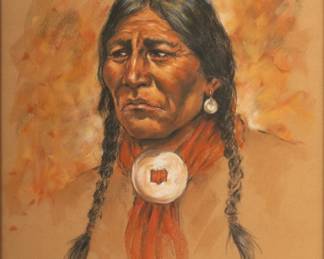 Julia Quenzler (English, 20th C.) Pastel on Paper, Ca. 1980s, "Sioux Chief", H 24" W 18" | Signed in the lower left. Pastel on paper portrait of a Sioux chief. Julia Quenzler emigrated to the Southwest U.S. in the late 1970s where she traveled to reservations drawing portraits. She returned to England in the later 1980s and found employment as a court illustrator for the BBC and other British outlets. Framed under glass in a carved wood frame, H 31", W 25". Provenance: Property of Prominent Collector, Birmingham, Michigan