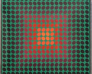 Victor Vasarely (French/Hungarian, 1906-1997) Serigraph in Colors on Paper "CTA 102 No. 4", H 27.6" W 27.6" | Signed in white pencil lower center, numbered 96/150, the full sheet.  Frame Measurements H 29" W 29" Provenance: JL Hudson Gallery, Detroit, Michigan (paper label affixed verso); Property of Prominent Collector, Birmingham, Michigan