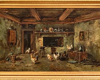 Andrew W. Melrose (Scottish-American, 1836-1901) Oil on Canvas, Ca. 1900, "Interior with Chickens", H 24" W 38" | Signed, dated and dedicated in the lower left. Depicting chickens and a cat in a rural interior setting. Dedicated to D. Frank Dodge, a designer who had a prolific career on Broadway from the 1890s into the early 1920s. Having a giltwood frame, H 27.5", W 41".  Collection of the Windorf Galleries, Mt. Clemens, Mich. Provenance: Collection of the Windorf Galleries, Mt. Clemens, Mich.