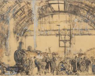 Sir Frank Brangwyn (English, 1867-1956) Hand Enhanced Etching on Paper, Ca. 1920s, "Interior of Cannon Street Station", H 13" W 19" | Etching enhanced with watercolor and gouache. Unsigned. Interior scene of the bustling Cannon Street train station, London. Matted and framed under glass, H 20", W 26.5". Provenance: Property of Prominent Collector, Birmingham, Michigan