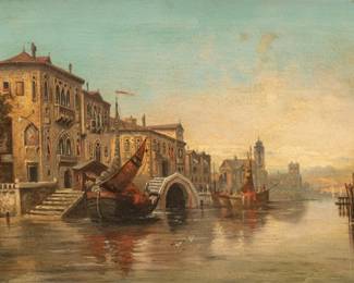 George Edwards Hering (British, 1805-1879) Oil on Canvas, Ca. 1840-1860, "View of the Grand Canal, Venice", H 12.5" W 20.75" | Signed in the lower left. a view of the Grand Canal in Venice with docked sailing vessels, a stone bridge and cathedrals in the background. Having a period giltwood and gesso frame, H 23.5", W 32". Provenance: Property of a Grosse Pointe Park, MI private collector.