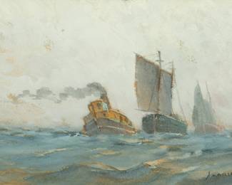 Henry Bullock (American/Michigan, 1845-1924) Gouache on Paper, Ca. 1900, "Tugboat And Two Sailing Vessels", H 9" W 12.75" | Signed in the lower right. Depicting a tug boat with two sailing vessels behind. Matted and framed under glass in a double sided frame, H 15.75", W 18.75". Verso bearing an incomplete landscape watercolor. Provenance: Property of Prominent Collector, Birmingham, Michigan