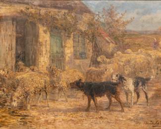 Marie Didière Calves (French, 1883-1957) Oil on Canvas, "Returning from Pasture", H 51" W 71" | Signed in the lower right. Depicting two sheepdogs guiding a flock of sheep into a barn as a shepherdess follows in the rear. 1931 paper label on stretcher verso with shipping label. Having a painted wood frame, H 57", W 76". Provenance: Property from an Oxford, MI private collector. 