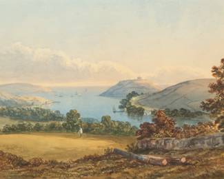 Scottish Watercolor on Paper, Ca. 19th C., "Firth with Sailing Vessels", H 12" W 17.25" | Unsigned. Depicting a Scottish firth with sailing vessels and figure in the foreground. Provenance: Property of Prominent Collector, Birmingham, Michigan