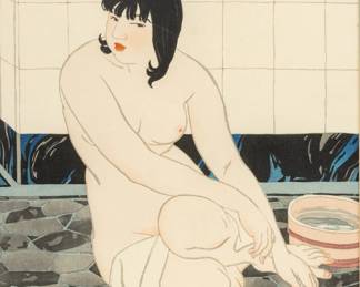 Ishikawa Toraji (Japanese, 1875-1964) Woodblock in Colors on Paper, 1934, "Yokushitsu Nite (At the Bath)", H 19.1" W 14.9" | from the series Rajo jusshu (Ten Types of Female Nudes).  Signed in Roman letters Ishikawa and sealed in Japanese Tora, published by the artist, with margins.  Frame Measurements H 22.25" W 19.25" Provenance: From the Estate of Stewart & Alicia Fall; From the Estate of Prominent Collector, Leon Zielinski, Macomb County, MI
