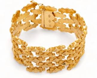 18k Gold Bracelet, Italy Ca. 1960, L 7" 37.9g 1 pc | Galleria Giraldo a Treviso. Five strands with hinge. #222VIFrom a Grosse Pointe Park private collector.