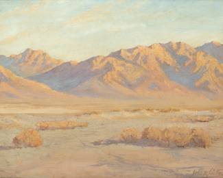 John William Hilton (American, 1904-1983) Oil on Artist Board, Ca. Mid 20th C., "California Desert Landscape", H 12" W 16" | Signed in the lower right. California desert landscape with mountains in the background. Having a carved wood frame, H 16.5", W 20.25". 199 sales on ArtNet. Provenance: Property of Prominent Collector, Birmingham, Michigan