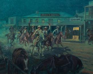 Ernest Tonk (American, 1889-1968) Oil on Masonite, Western Action Scene H 18" W 24" | Signed in the lower right. Night scene in a Western town as a group of cowboys race through town, one firing a pistol in the are and another cracking a whip. They pass by the Brigg's Hotel and Silver Bar. Having a painted wood frame, H 24.5", W 30.5". Ernest Tonk traveled and painted the American West while finding employment as a cowboy, wrangler, logger and ranch hand. in 1923 he started painting action scenes for MGM and Universal Pictures. Provenance: Property of Prominent Collector, Birmingham, Michigan