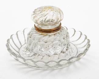 Baccarat (French) 'Bambous' Crystal Inkwell, Ca. 1900, H 4.25" Dia. 6.25" | Offering a hinged mushroom cover, attached tray, and overall swirling design. Circa 1900. Provenance: Property of a Prominent Grosse Pointe, MI Collector