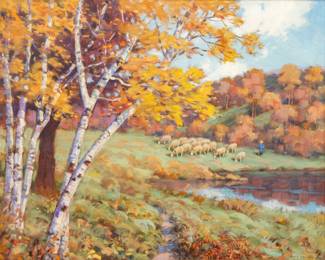 David Ericson (American, 1869-1946) Oil on Canvas, New England Landscape with Shepherd, H 28.75" W 36.25" | Depicting an autumn New England landscape with a shepherd and his flock in the distance. Signed lower right. Frame measures H 36" X W 43". Provenance: Property from a private collection, Bloomfield Hills, Michigan.