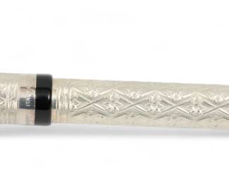 Montegrappa (Italian) 'Cosmopolitan' Sterling Silver Fountain Pen, H 2.5" W 9" Depth 5.75" | the fountain pen (L 5.25") offers a sterling silver case. Accompanied with original box, measuring H 2.5" X W 9" X D 5.75" overall.