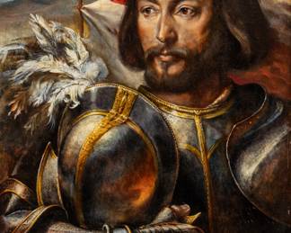 William Harry Ahrendt (American, B. 1933) Oil on Board, Ca. 1980s, "Francisco Vázquez De Coronado", H 24" W 18" | Signed in the lower left. Portrait of the Spanish conquistador Francisco Vázquez de Coronado in full armor. Coronado's expedition in 1540-42 from present day Mexico to Kansas led to many discoveries, including that of the Grand Canyon and Colorado River. Having a giltwood frame, H 32.5", W 26.5". This painting was featured on the cover of the April 1984 issue of Arizona Highways "In Coronado's Footsteps". a copy of this magazine is included with the painting. the magazine has an inscription in the interior from the artist that reads "To Bill and Barbara Hinkley with my best regard and sincere appreciations. Bill Ahrendt". Provenance: From the collection of Susan Moran, Royal Oak, MI. Purchased 1-18-2013, Avery Lane, Scottsdale, AZ.
