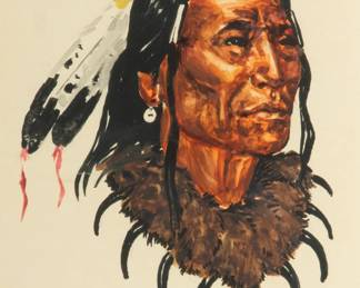 Nancy Powell McLaughlin (American, 1932-1985) Graphite, Gouache And Watercolor on Paper "Indian Portrait", H 6" W 4.25" | Signed lower left.  Unique work. Frame Measurements H 15.75" W 13.25" Provenance: Property of Prominent Collector, Birmingham, Michigan