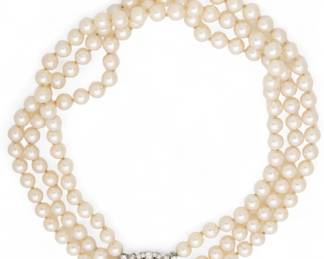 Ladies 3.49ct TW Diamond, Palladium & Cultured Akoya Pearl (6.5mm-7.5mm) Triple-strand Necklace, L 14" 78g | the necklace consists of three strands of cultured Akoya pearls in varying lengths (L 14", 15" & 16"). the strands are attached to a palladium clasp with one old European cut diamond, thirty smaller old European cut diamonds, twelve round full cut diamonds, four single cut diamonds and two straight baguette cut diamonds. the diamonds total 3.49 carats total weight.
