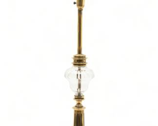 Stiffel (American (Est. 1932)) Mid-Century Modern Brass And Glass Torchiere Style Ca. 1960, "Table Lamp", H 39.5" W 7.25" Depth 7.25" | Brass columnar form base rises to a clear glass oil lamp style shaft that rises to a white ribbed glass torchiere style shade.