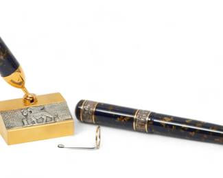 Delta (Italian) Celluloid And Sterling Silver Ca. 1998, "Venezia Limited Edition Fountain Pen", L 5.75" | 18k gold nib, with matching desk pen holder and cloth-covered box H 1.75" W 8.5" D 6.25"