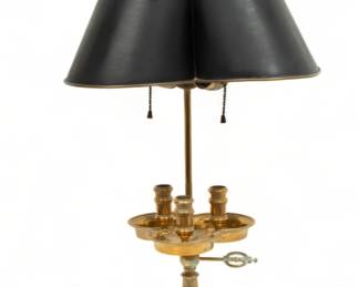 Brass Candlestick Style Lamp, Tole Shade, H 30" Dia. 15" | the lamp offers two electrified light sockets with pull chains with three candlesticks and clover form basin. with a turned stem and hexagonal base. Signature branding or maker's marks not seen. Provenance: Property of a Grosse Pointe Park, MI private collector.