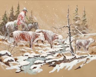 William T. Zivic (American, B. 1930) Oil on Masonite, Ca. 1980, "Winter Strays", H 26" W 38" | Signed and dated in the lower right. Depicting a cowboy on horseback driving stray cattle in a snowstorm. Having a carved wood frame, H 34.5", W 46.75". Provenance: Property of Prominent Collector, Birmingham, Michigan