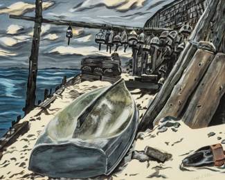 Bradford Will (American, 20th C.) Gouache on Paper, "New England Winter Dock Scene", H 12.75" W 18" | Signed in the lower right. Winter dock scene in New England with an overturned boat, lobster traps and buoys. Matted and framed under glass, H 22.5", W 26.5". Provenance: Property of Prominent Collector, Birmingham, Michigan