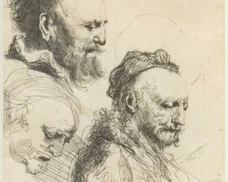 Ignace Joseph De Claussin (French, 1795-1844) After Rembrandt Etching on Paper, Ca. Early 19th C., Studies of Men's Heads, H 3.875" W 3.125" | Etching on chine-collé paper after Rembrandt's Three studies of old men's heads. Matted and framed under glass, H Provenance: From a Prominent Print Collector, Clarkston, Michigan