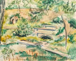 Edgar Louis Yaeger (American, 1904-1997) Watercolor on Paper, Ca. 1960, "Landscape with Footbridge", H 8.5" W 11.25" | Signed, dated and inscribed in the lower right "To Dr. Rosen Edgar Yaeger 1960". Lush landscape with a footbridge over a small river. Matted and framed under glass, H 17", W 20.75". Provenance: Property of Prominent Collector, Birmingham, Michigan