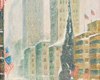 Guy Carleton Wiggins (American, 1883-1962) Oil on Artist Board, "Manhattan Snowstorm", H 18" W 14" | Depicting a Manhattan street scene with seven American flags within a snowstorm. Signed "Guy Wiggins" to the lower right. Framed H 25" X W 21". Provenance: Sadow's Auction Galleries 274-36 paper label affixed to verso. Property of a Grosse Pointe Park, MI private collector.