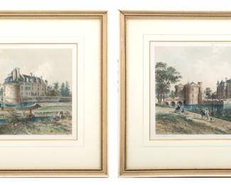 Philippe Benoist (French, 1813-1905) Hand Colored Lithographs on Paper, "Chateau De La Bretesche;Chateau De Vair", H 8.7" W 12" 2 pcs | Framed H 16.25", W 19.75". Provenance: Property from a Mason, OH private collector. 