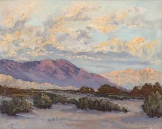 John William Hilton (American, 1904-1983) Oil on Canvas Board, Ca. Mid 20th C., "California Desert Landscape", H 12" W 16" | Signed in the lower right. California desert landscape with purple hue mountains at the horizon. Having a carved wood frame, H 16.5", W 20.5".  199 sales on ArtNet. Provenance: Property of Prominent Collector, Birmingham, Michigan