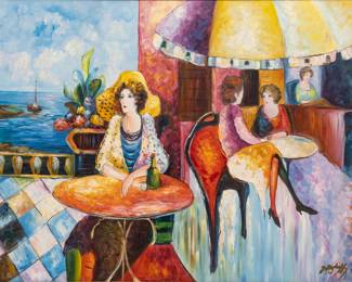 Linda LeKinff (French, B. 1949) Oil on Canvas "Cafe", H 36" W 48" | Signed lower right.  Frame Measurements H 41.5" W 53"